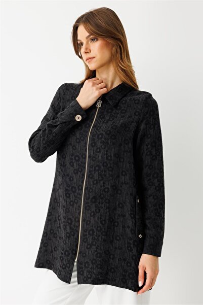 Esswaap Kendinden Desenli Fermuar Kapamalı Tunik Siyah