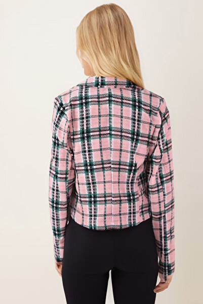 armonika Women's Pink-Green Double-Breasted Collar Tweed Crop Jacket Arm-24K001014