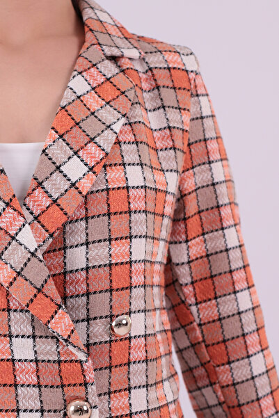 armonika Women's Orange-Beige Double-Breasted Collar Tweed Crop Jacket Arm-24K001014