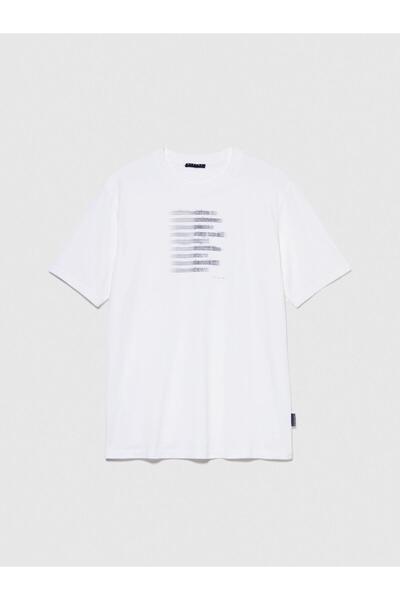 Sisley 100% Koton El με τύπωμα T-Shirt Ανδρικό λευκό μπλουζάκι - 323A3096S1030