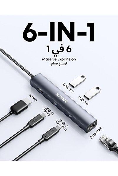 Anker موزع إيثرنت PowerExpand 6 في 1 USB-C PD (65 واط، HDMI 4K، إيثرنت 1 جيجابت في الثانية، USB-C و2x USB3.0)