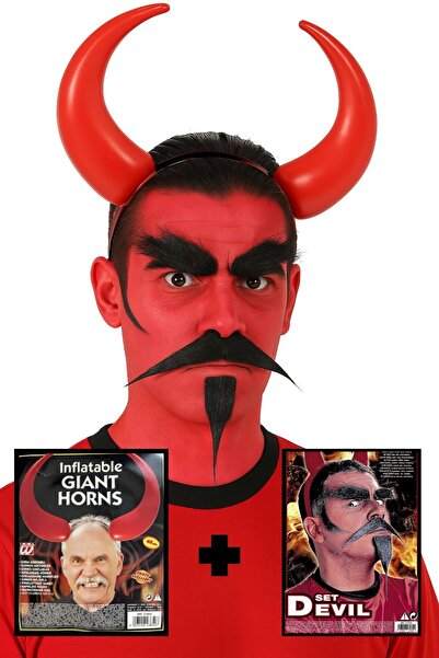 PARTİAVM Şişme Boynuzu + Kaş, Bıyık, Sakal Seti İkili Cadılar Bayramı Seti 45cm Şişme Boynuz