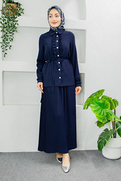 Tesettür Diyarı Set Hijab cu fustă cămașă cu volane din țesătură crep - Albas...