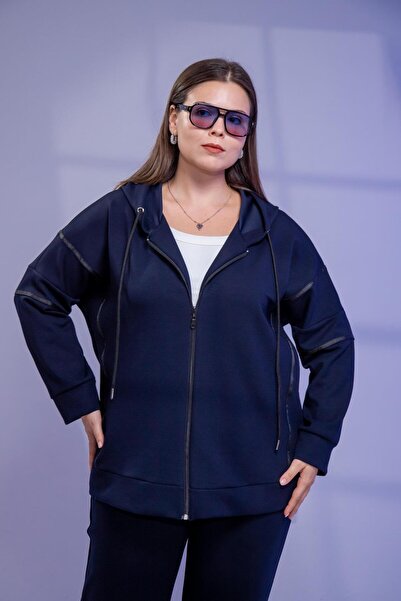 Roxxlen 1211002 Kadın Büyük Beden Grogrenli-Fermuarlı Kapşonlu Sweat Lacivert