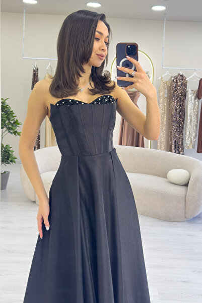 the ZKS Kadın Straplez Korse Görünümlü Prenses Abiye Elbise Siyah,Beyaz,Bebe Mavi,Lacivert,Pembe,Lila,Saks