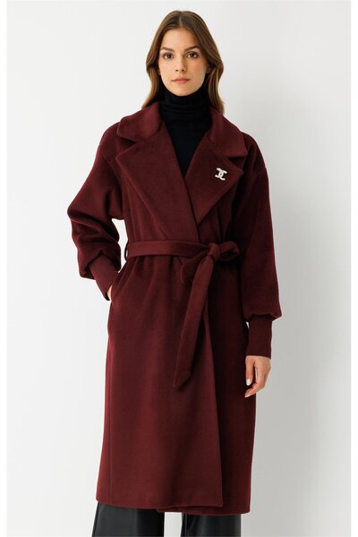 Esswaap Broş Detaylı Ribana Kollu Kaban Bordo