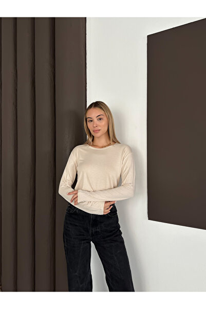 RDK Giyim Γυναικείο μακρυμάνικο χτενισμένο βαμβακερό κορμάκι με λαιμόκοψη - Μπεζ