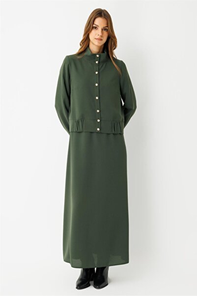 Esswaap Büzgü Detaylı Elbiseli Takım Haki