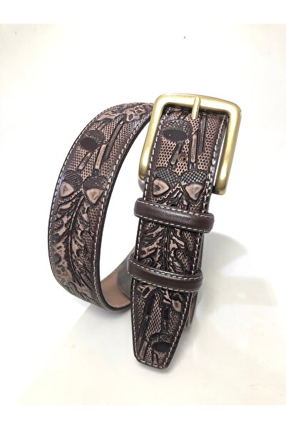 GİRAY HAKİKİ DERİ ANTİK KAHVERENGİ ESKİTME EFEKTLİ MEŞE DESEN KEMER