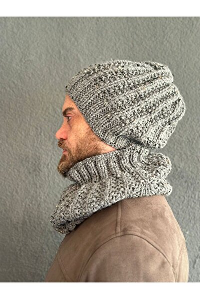 Gönülden Tasarım Ручна в'язка Чоловічий комплект шапки та шарфа СІРИЙ
