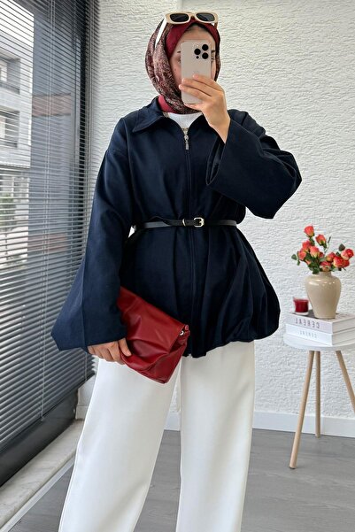 MELEK ARAZ سترة نسائية من الجبردين بحزام – أزرق داكن