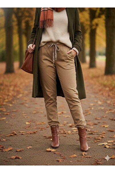 Punta Otantik Ay18004 Stretch Fabric Cotton Trousers Large Size Camel