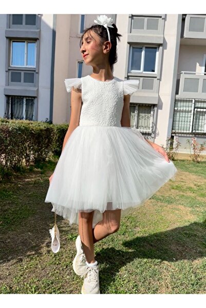 Neva Baby Boutique Kuyruklu Beyaz Tül Kız Çocuk Elbisesi Düğün - Doğum Günü - Okul Gösterisi Abiye (çanta taç hediyeli)