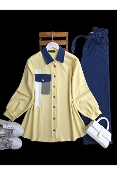 ŞAHİN TESETTÜR GİYİM KOT YAKA VE CEP KAPAK ÖNÜ DÜĞMELİ SALAŞ TUNİK 5632