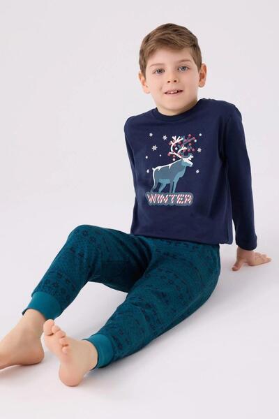 Arnetta 3135g Boys' Navy Blue Long Sleeve Winter Themed Waiter Pajama Set