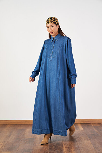 Mevra Oversize Kuşaklı Yaka Düğmeli Uzun Denim Elbise Koyu Mavi