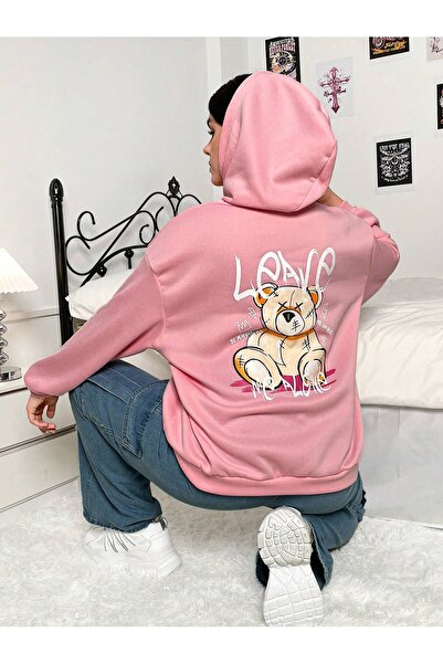 Flaubert Women's Bear Printed Sweatshirt Hooded 3Yarns Oversize Cut