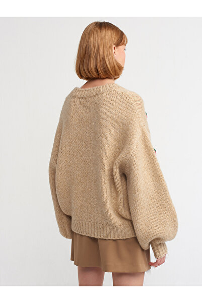 Dilvin 60185 Wool Blend Strawberry Embroidered Cardigan-Dark Beige