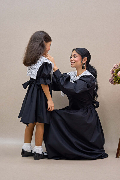 KÜÇÜĞÜM BUTİK Vintage Black Poplin Pleated Mother-Daughter Matching Outfit with Detachable Collar (Sold as Single)