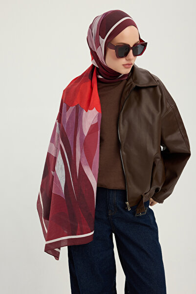 ipekistanbul شال فييرا منقوش - زهور مضيئة - عنابي اللون