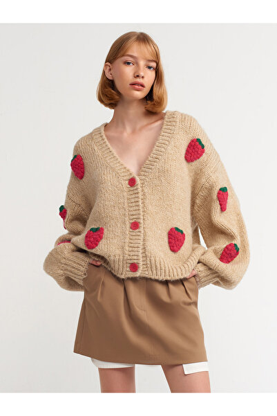 Dilvin 60185 Wool Blend Strawberry Embroidered Cardigan-Dark Beige