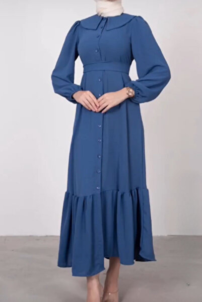 Tesettür Diyarı Geniş Yaka Düğmeli Kuşaklı Tesettür Elbise- İndigo