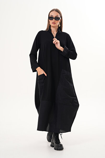 EL jadida Women's Modal Fabric Black Oversized Long Pocket Dress