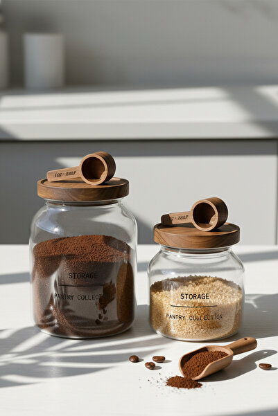 Suo Home Lauva Akasya Kapaklı Ve Ölçek Kaşıklı Cam Saklama Kavanozu Deterjanlık Seti - 2'li (3000ml - 2000ml)