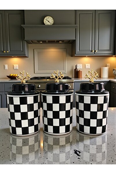 ferayhome Baharatlık Silindir Seramik Kapaklı 3 lü Kahve Köşesi Siyah Damalı 750 ml Hacimli Gold - Feray Home