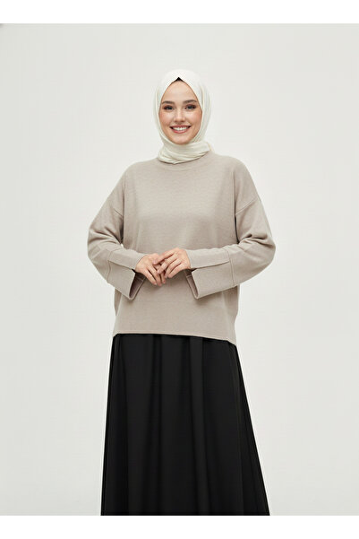 BENAHOLL Celyla Kol Ucu Yırtmaçlı Kısa Triko Kazak-KR5021 Taş