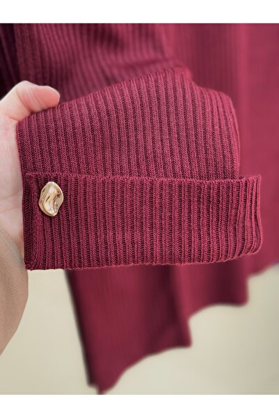 BENAHOLL Celuna άνοιγμα Πλεκτό τουνίκ με κουμπιά στα μανίκια και στο μπροστινό μέρος-KR5005 Βουργουνδία