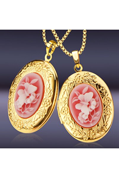 Generic Elegant Gold-Plated Oval Locket Cameo Pendant Necklace for Women