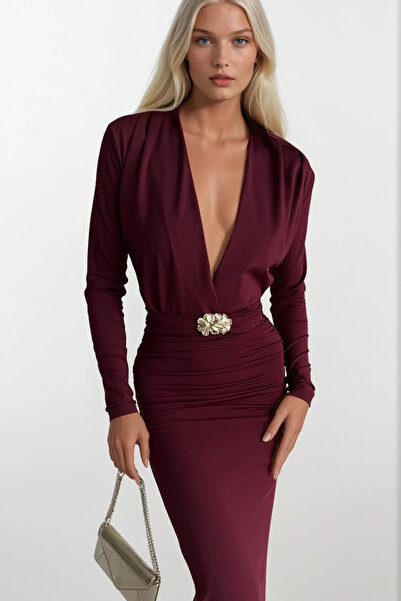 Black Fashion Accessory Detail Shoulder and Waist Gathered Burgundy Maxi Dress