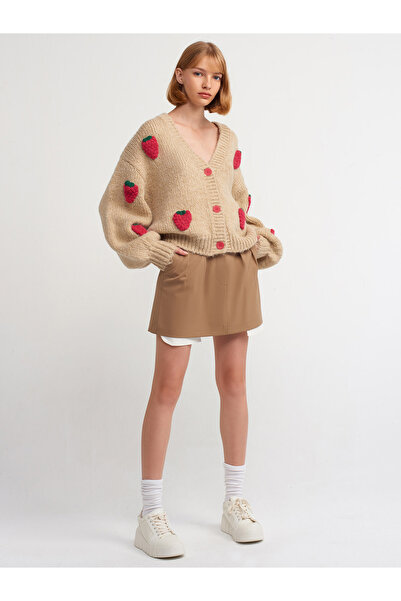 Dilvin 60185 Wool Blend Strawberry Embroidered Cardigan-Dark Beige