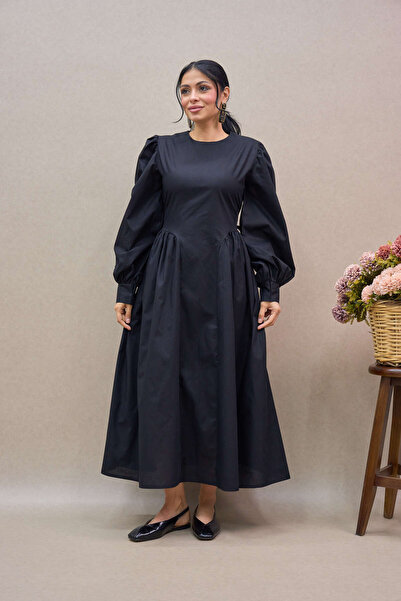 KÜÇÜĞÜM BUTİK Pleated Black Poplin Mother and Daughter Watermelon Sleeve Flared Dress Combination (Sold as a Single Item)