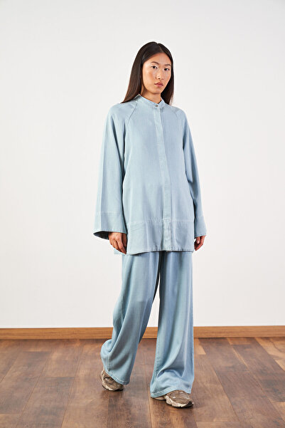 Mevra Light Blue Denim Tunic Pants Hijab Two-Piece Set