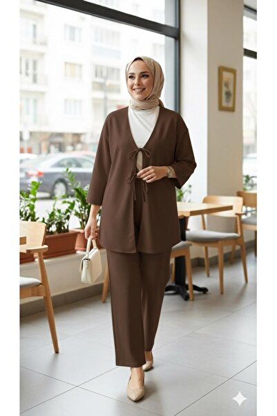 ECEYLÜL MODA Set dublu de hijab negru, jachetă kimono cu legături în față și pantaloni largi, casual, elegant, sezon nou