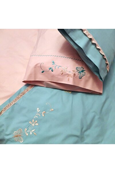 Casa Bucuriei Embroidered Bedding Set for 140x200 cm Bed, 'Delight', 6-piece, Beige/Turquoise, 100%