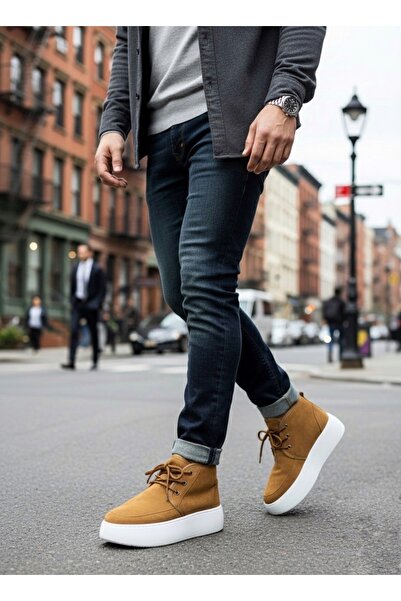 TUGERDİ Tan Fur Lined Lace-Up Light Sole Style Men's Sports Boots Tge230700