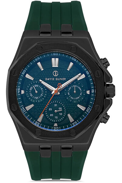 DAVID GUNER Men's Wrist Watch with Blue Dial Gun Case Coated Green Silicone Band