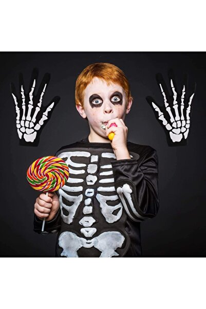 PARTİAVM Yetişkin İskelet Eldiveni Cadılar Bayramı Halloween Skeleton Gloves 24x9cm M Beden