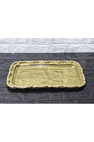 atabey home 2-Piece Full Gold Presentation Tray & Baton Cake Serving Steel Tray with Cast Frame 32 cm