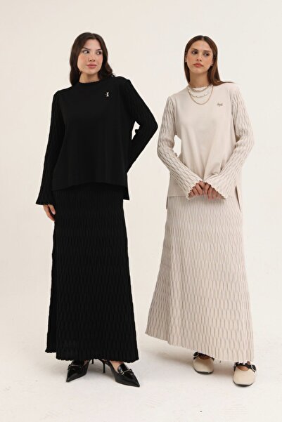 QUAWEAR Crew Neck Ruched Detail Sleeve Side Slit Mercerized Bottom Top Two-Piece Set with Tunic and Skirt