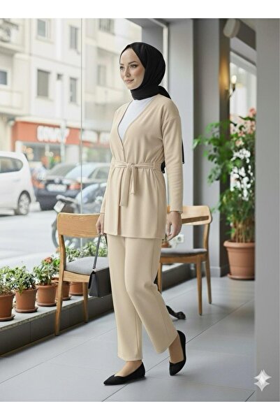 ECEYLÜL MODA Modest Wear Two-Piece Set Tie-Waist Kimono and Wide-Leg Pants Black Casual Stylish Two-Piece Set