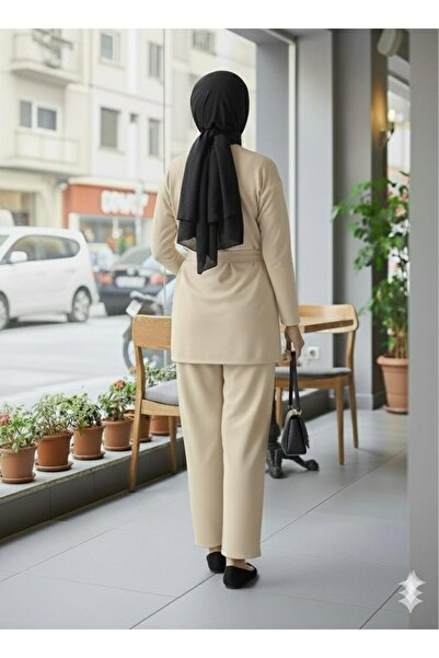 ECEYLÜL MODA Modest Wear Two-Piece Set Tie-Waist Kimono and Wide-Leg Pants Black Casual Stylish Two-Piece Set