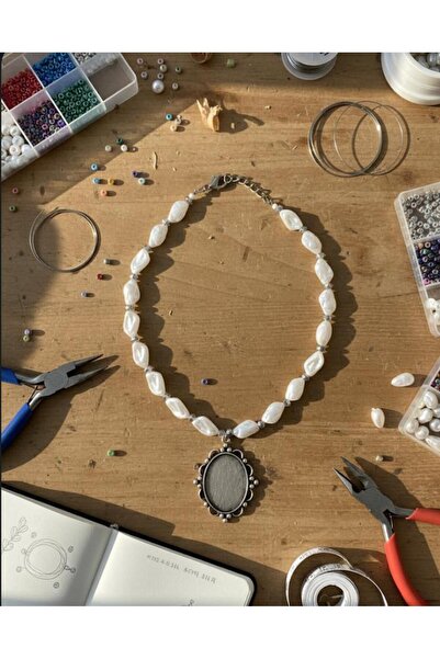 canan dizayn Zamak Mirror Model Sallanti Poly. Yamuk Pearl Style Necklace