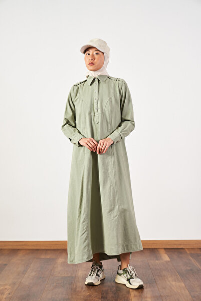 Mevra Oversized Belted Collar Buttoned Long Denim Dress Çağla