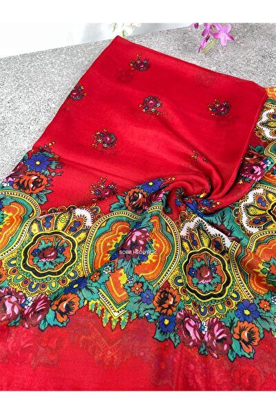 Sobe Hediyelik Mardin Calligraphy Floral Patterned Headscarf on Red Background – Dowry and Everyday Wear