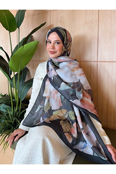 Mira İpek Desenli Pamuk Soft Şal Vera Serisi Siyah- Pudra ps150