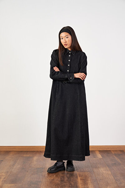 Mevra Oversized Belted Collar Buttoned Long Denim Dress Black